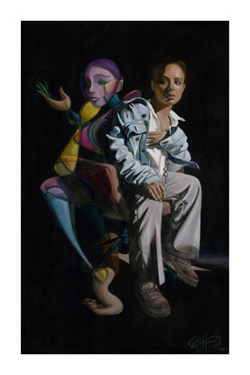 A woman sits on a chair and looks over her shoulder towards a figurative abstract figure sitting behind her. 