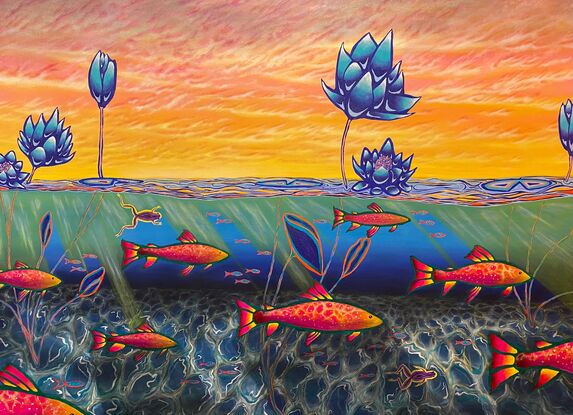 View of a dawning sky and colorful fish underwater