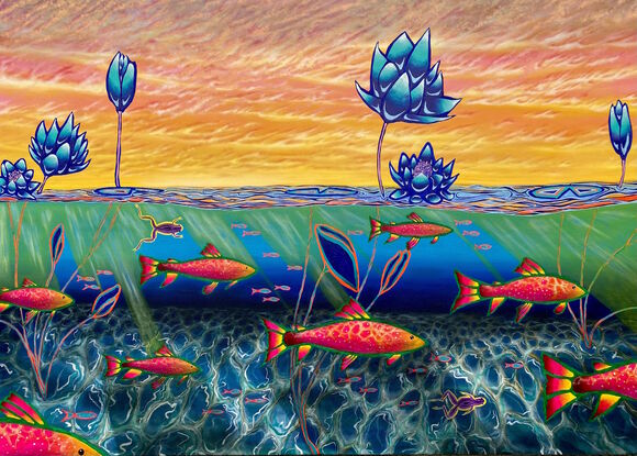 View of a dawning sky and colorful fish underwater