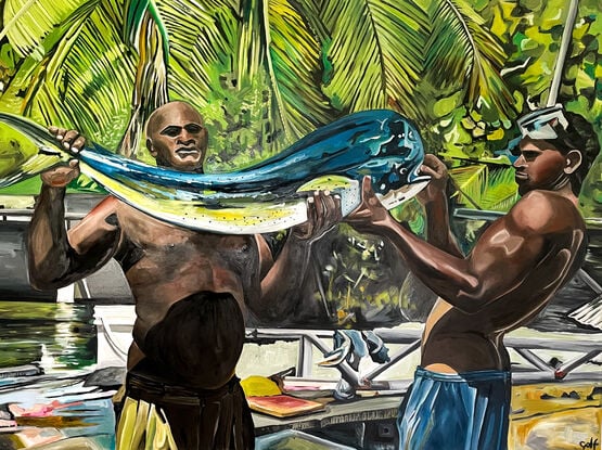 Two men holding a Mahi mahi