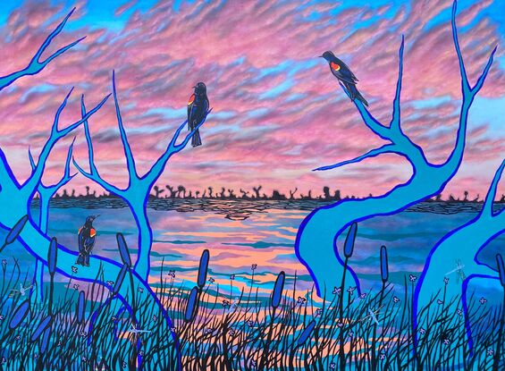 Black-winged birds overlooking a colorful pink dawn reflected on a bog.