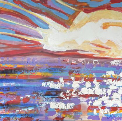 Vibrant abstract ocean  sunrise on mauve, gold, blue and orange