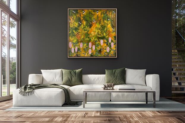 Silky Oak Grevilleas, Banksias and gum nuts & leaves. Earthy Australian colour palette used in this piece 