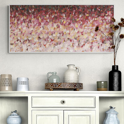 Colourful abstract canvas print of an impressionist style landscape of pink flowers in bloom