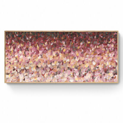 Colourful abstract canvas print of an impressionist style landscape of pink flowers in bloom