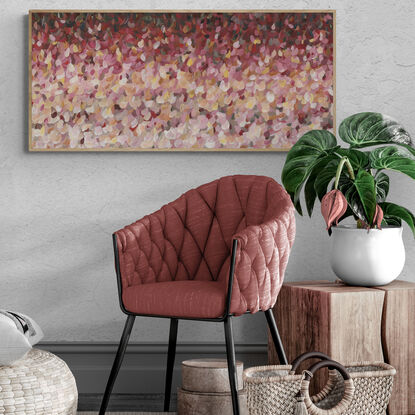 Colourful abstract canvas print of an impressionist style landscape of pink flowers in bloom