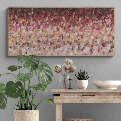 Colourful abstract canvas print of an impressionist style landscape of pink flowers in bloom