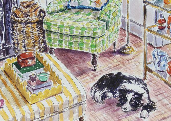 A highly detailed original watercolor painting of a border collie in a beautifully decorated room.  On the wall hang paintings of the border collie and some sheep in a field.  Light is pouring into the window and lighting up the liquor bottles and carafes on a cart.  