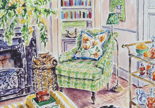 A highly detailed original watercolor painting of a border collie in a beautifully decorated room.  On the wall hang paintings of the border collie and some sheep in a field.  Light is pouring into the window and lighting up the liquor bottles and carafes on a cart.  