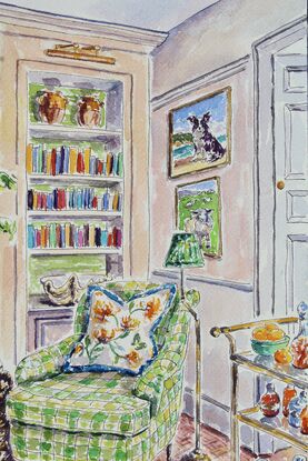 A highly detailed original watercolor painting of a border collie in a beautifully decorated room.  On the wall hang paintings of the border collie and some sheep in a field.  Light is pouring into the window and lighting up the liquor bottles and carafes on a cart.  