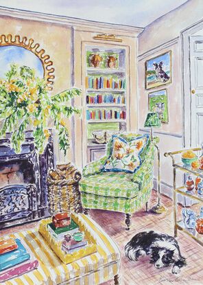 A highly detailed original watercolor painting of a border collie in a beautifully decorated room.  On the wall hang paintings of the border collie and some sheep in a field.  Light is pouring into the window and lighting up the liquor bottles and carafes on a cart.  