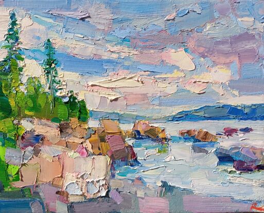 Rocks and pine trees over the ocean. Cloudy day in blue and grey colors. A plain air atmospheric study was finished in the studio. Impressionism.