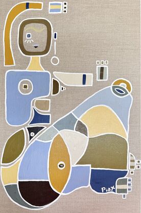 An abstract modern minimalist  seated woman in blues and browns living room