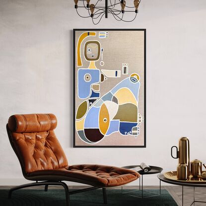 An abstract modern minimalist  seated woman in blues and browns living room