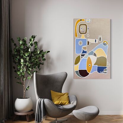 An abstract modern minimalist  seated woman in blues and browns living room