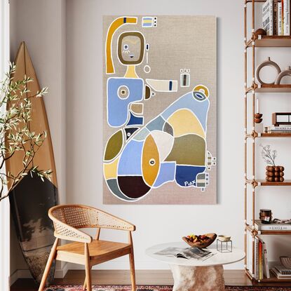 An abstract modern minimalist  seated woman in blues and browns living room