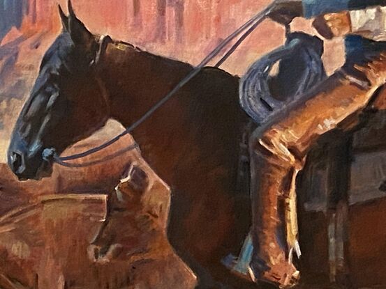 Chasing after cattle is one of the main tasks of cowboys, and this scene also demonstrates the cowboy's grazing experience and strength.

Every one of my paintings strives to give people a strong first impression and feeling. I try to be that every painting I send to my customers is intact and undamaged, and it is delivered to them in the shortest possible time. I also use the best pigments, which last for a long time.
Paul is an Oil Painters of America (OPA) Signature Member, Art Gallery Painter, Award-Winning Artist, Sr. Illustrator in Animation and Gaming field, born in Guangzhou, China. Received his BFA degree from Guangzhou Academy of Fine Art one of the most prestigious fine arts schools in China, has lived in the United States over 27 years. 
In the past 6 years at the Academy of Fine Arts, he has learned solid basic fine art skills in drawing and paint realism. This can be seen from many of his artworks. The subjects he likes to paint are diverse and all have his own unique observation vision and style features, such as characters, landscapes, cityscapes, still life, animals, historical theme etc., the style is impressionism, sometimes he also paints abstract paintings, and when he works for animation or game companies, he also uses Photoshop to paint on computer. For decades, the price of his paintings has been increasing in the world art market. Many art collectors all over the world are collecting his artwork. 

All works are copyrighted, and all rights are reserved by the artist.
Thank You!

