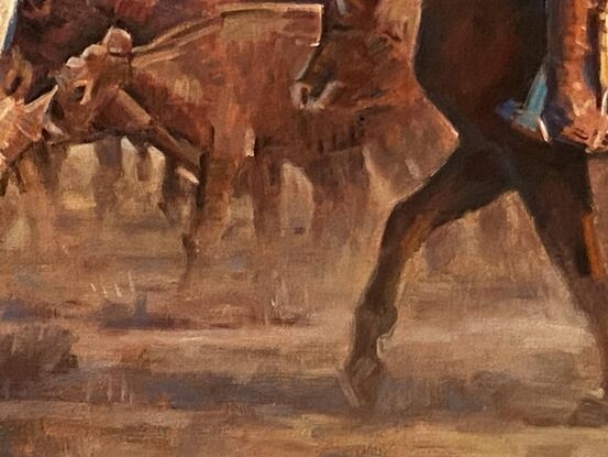 Chasing after cattle is one of the main tasks of cowboys, and this scene also demonstrates the cowboy's grazing experience and strength.

Every one of my paintings strives to give people a strong first impression and feeling. I try to be that every painting I send to my customers is intact and undamaged, and it is delivered to them in the shortest possible time. I also use the best pigments, which last for a long time.
Paul is an Oil Painters of America (OPA) Signature Member, Art Gallery Painter, Award-Winning Artist, Sr. Illustrator in Animation and Gaming field, born in Guangzhou, China. Received his BFA degree from Guangzhou Academy of Fine Art one of the most prestigious fine arts schools in China, has lived in the United States over 27 years. 
In the past 6 years at the Academy of Fine Arts, he has learned solid basic fine art skills in drawing and paint realism. This can be seen from many of his artworks. The subjects he likes to paint are diverse and all have his own unique observation vision and style features, such as characters, landscapes, cityscapes, still life, animals, historical theme etc., the style is impressionism, sometimes he also paints abstract paintings, and when he works for animation or game companies, he also uses Photoshop to paint on computer. For decades, the price of his paintings has been increasing in the world art market. Many art collectors all over the world are collecting his artwork. 

All works are copyrighted, and all rights are reserved by the artist.
Thank You!

