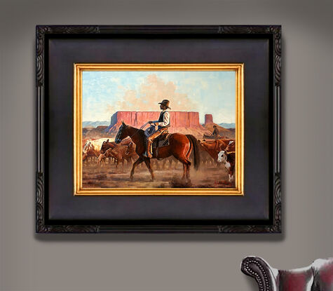 Chasing after cattle is one of the main tasks of cowboys, and this scene also demonstrates the cowboy's grazing experience and strength.

Every one of my paintings strives to give people a strong first impression and feeling. I try to be that every painting I send to my customers is intact and undamaged, and it is delivered to them in the shortest possible time. I also use the best pigments, which last for a long time.
Paul is an Oil Painters of America (OPA) Signature Member, Art Gallery Painter, Award-Winning Artist, Sr. Illustrator in Animation and Gaming field, born in Guangzhou, China. Received his BFA degree from Guangzhou Academy of Fine Art one of the most prestigious fine arts schools in China, has lived in the United States over 27 years. 
In the past 6 years at the Academy of Fine Arts, he has learned solid basic fine art skills in drawing and paint realism. This can be seen from many of his artworks. The subjects he likes to paint are diverse and all have his own unique observation vision and style features, such as characters, landscapes, cityscapes, still life, animals, historical theme etc., the style is impressionism, sometimes he also paints abstract paintings, and when he works for animation or game companies, he also uses Photoshop to paint on computer. For decades, the price of his paintings has been increasing in the world art market. Many art collectors all over the world are collecting his artwork. 

All works are copyrighted, and all rights are reserved by the artist.
Thank You!

