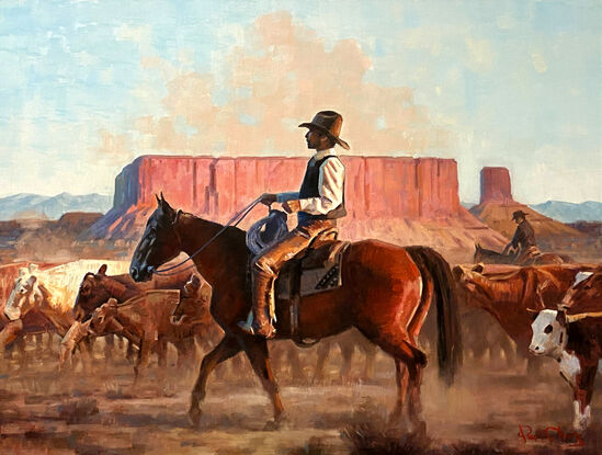 Chasing after cattle is one of the main tasks of cowboys, and this scene also demonstrates the cowboy's grazing experience and strength.

Every one of my paintings strives to give people a strong first impression and feeling. I try to be that every painting I send to my customers is intact and undamaged, and it is delivered to them in the shortest possible time. I also use the best pigments, which last for a long time.
Paul is an Oil Painters of America (OPA) Signature Member, Art Gallery Painter, Award-Winning Artist, Sr. Illustrator in Animation and Gaming field, born in Guangzhou, China. Received his BFA degree from Guangzhou Academy of Fine Art one of the most prestigious fine arts schools in China, has lived in the United States over 27 years. 
In the past 6 years at the Academy of Fine Arts, he has learned solid basic fine art skills in drawing and paint realism. This can be seen from many of his artworks. The subjects he likes to paint are diverse and all have his own unique observation vision and style features, such as characters, landscapes, cityscapes, still life, animals, historical theme etc., the style is impressionism, sometimes he also paints abstract paintings, and when he works for animation or game companies, he also uses Photoshop to paint on computer. For decades, the price of his paintings has been increasing in the world art market. Many art collectors all over the world are collecting his artwork. 

All works are copyrighted, and all rights are reserved by the artist.
Thank You!

