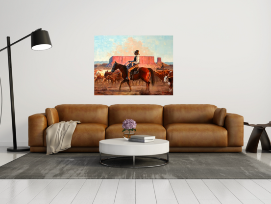 Chasing after cattle is one of the main tasks of cowboys, and this scene also demonstrates the cowboy's grazing experience and strength.

Every one of my paintings strives to give people a strong first impression and feeling. I try to be that every painting I send to my customers is intact and undamaged, and it is delivered to them in the shortest possible time. I also use the best pigments, which last for a long time.
Paul is an Oil Painters of America (OPA) Signature Member, Art Gallery Painter, Award-Winning Artist, Sr. Illustrator in Animation and Gaming field, born in Guangzhou, China. Received his BFA degree from Guangzhou Academy of Fine Art one of the most prestigious fine arts schools in China, has lived in the United States over 27 years. 
In the past 6 years at the Academy of Fine Arts, he has learned solid basic fine art skills in drawing and paint realism. This can be seen from many of his artworks. The subjects he likes to paint are diverse and all have his own unique observation vision and style features, such as characters, landscapes, cityscapes, still life, animals, historical theme etc., the style is impressionism, sometimes he also paints abstract paintings, and when he works for animation or game companies, he also uses Photoshop to paint on computer. For decades, the price of his paintings has been increasing in the world art market. Many art collectors all over the world are collecting his artwork. 

All works are copyrighted, and all rights are reserved by the artist.
Thank You!

