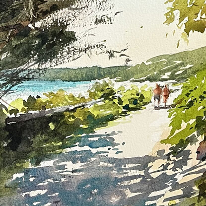 A beach scene, a couple walking along a beach track with aqua water in the distance with trees and shadows in the foreground.