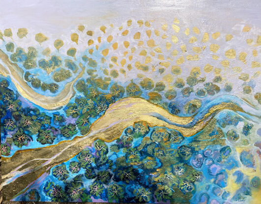 An oil painting of a rive, seen from a plane,  with gold leaf reflecting the Sun.