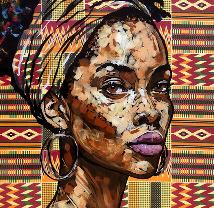 African woman portrait with traditional fabric background