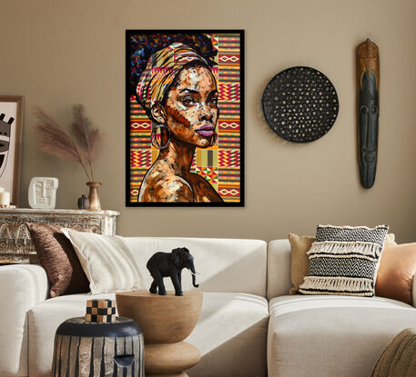 African woman portrait with traditional fabric background