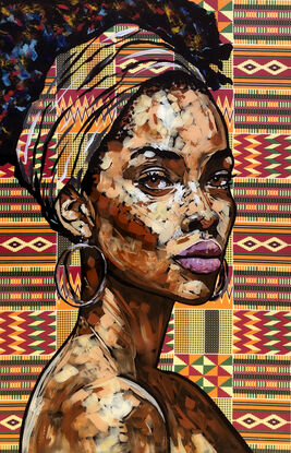 African woman portrait with traditional fabric background