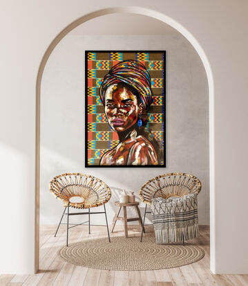 Portrait of an African woman with a Kente fabric background