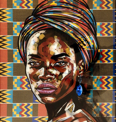 Portrait of an African woman with a Kente fabric background