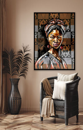 Portrait of an African woman painted directly onto glass with a traditional fabric background