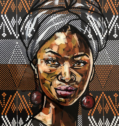 Portrait of an African woman painted directly onto glass with a traditional fabric background