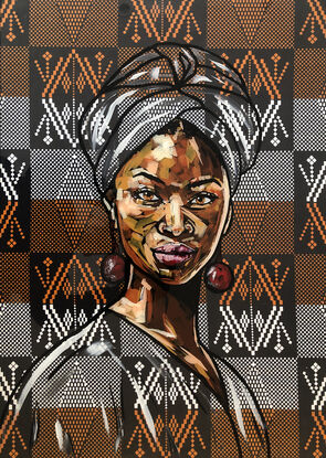 Portrait of an African woman painted directly onto glass with a traditional fabric background