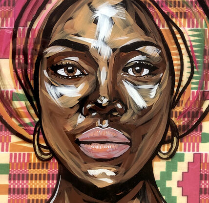 Portrait of an African woman painted directly on glass with a fabric background