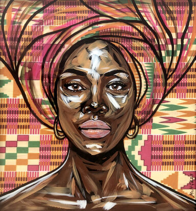 Portrait of an African woman painted directly on glass with a fabric background