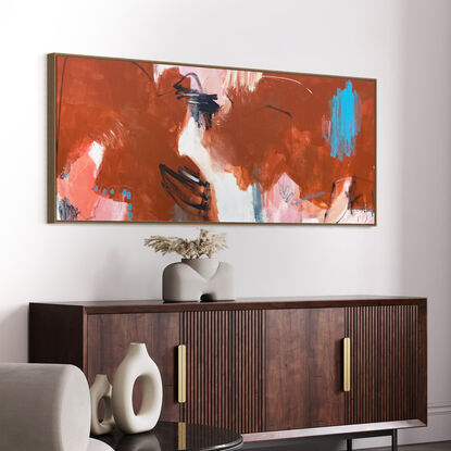 bold marks warm earthy beige, ochre, orange, terracotta, apricot and rust across the canvas suggestive of landscape and pops of contrasting expressive light blue marks.