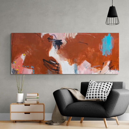 bold marks warm earthy beige, ochre, orange, terracotta, apricot and rust across the canvas suggestive of landscape and pops of contrasting expressive light blue marks.