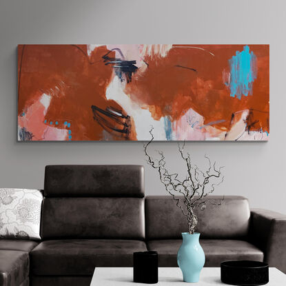 bold marks warm earthy beige, ochre, orange, terracotta, apricot and rust across the canvas suggestive of landscape and pops of contrasting expressive light blue marks.