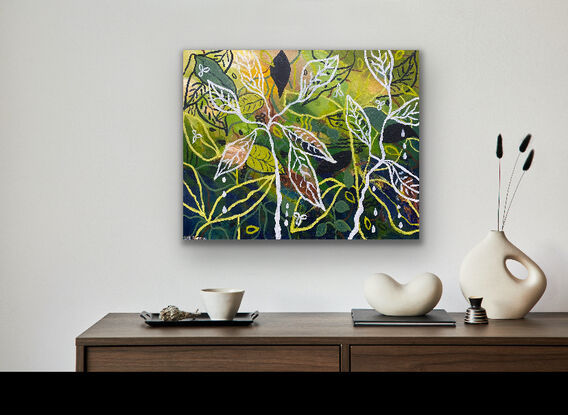 Bold patterned leaves over dashes of colour in this textured, layered piece  with lots of natural patterns and earthy colours. Framed view for illustration purposes only. 