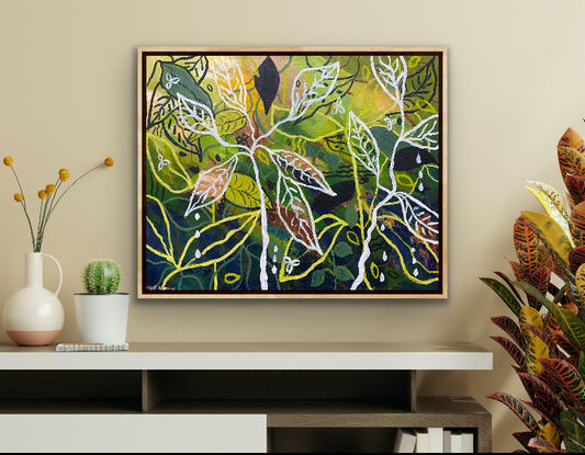 Bold patterned leaves over dashes of colour in this textured, layered piece  with lots of natural patterns and earthy colours. Framed view for illustration purposes only. 