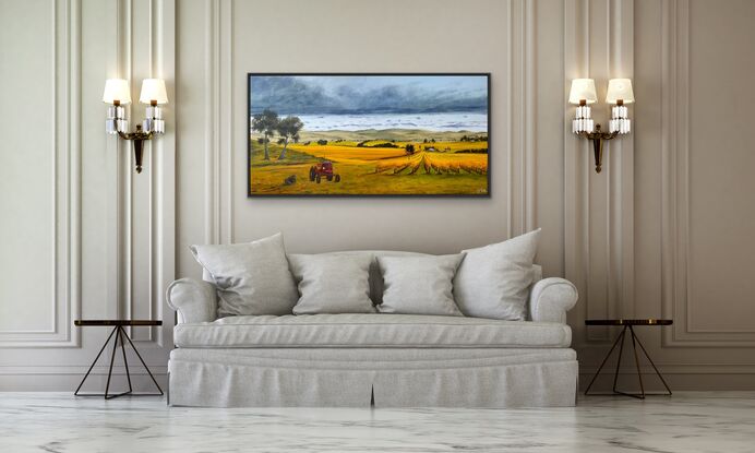 Little farm house and shed in hay fields on morning twilight