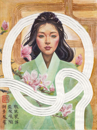 Woman in light green robe surrounded by magnolia flowers in Chinese painting style with texture art elements