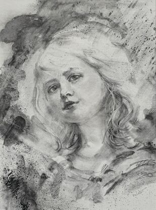 Charcoal and graphite portrait of young woman gazing back at viewer.