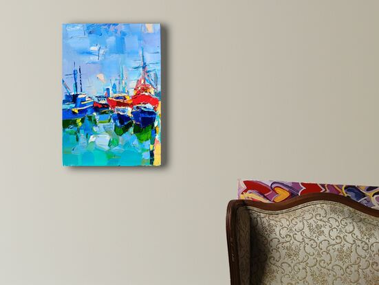 Etude of New England harbor with fishing boats. Heavy impasto. Contemporary seascape painting in the impressionistic traditions. 