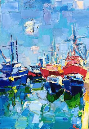 Etude of New England harbor with fishing boats. Heavy impasto. Contemporary seascape painting in the impressionistic traditions. 