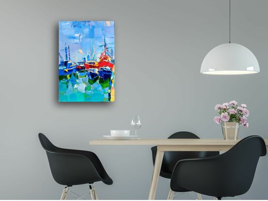 Etude of New England harbor with fishing boats. Heavy impasto. Contemporary seascape painting in the impressionistic traditions. 