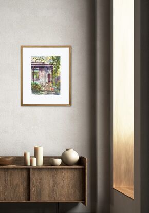 Shadows on veranda 
Windows in shadow of white timber porch in garden 
Terracotta pot 

