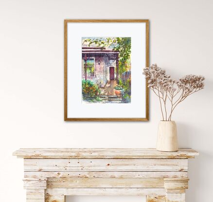 Shadows on veranda 
Windows in shadow of white timber porch in garden 
Terracotta pot 

